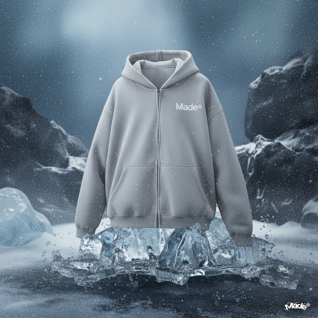 Gray hoodie with 'Made' logo on a background of ice and rocks