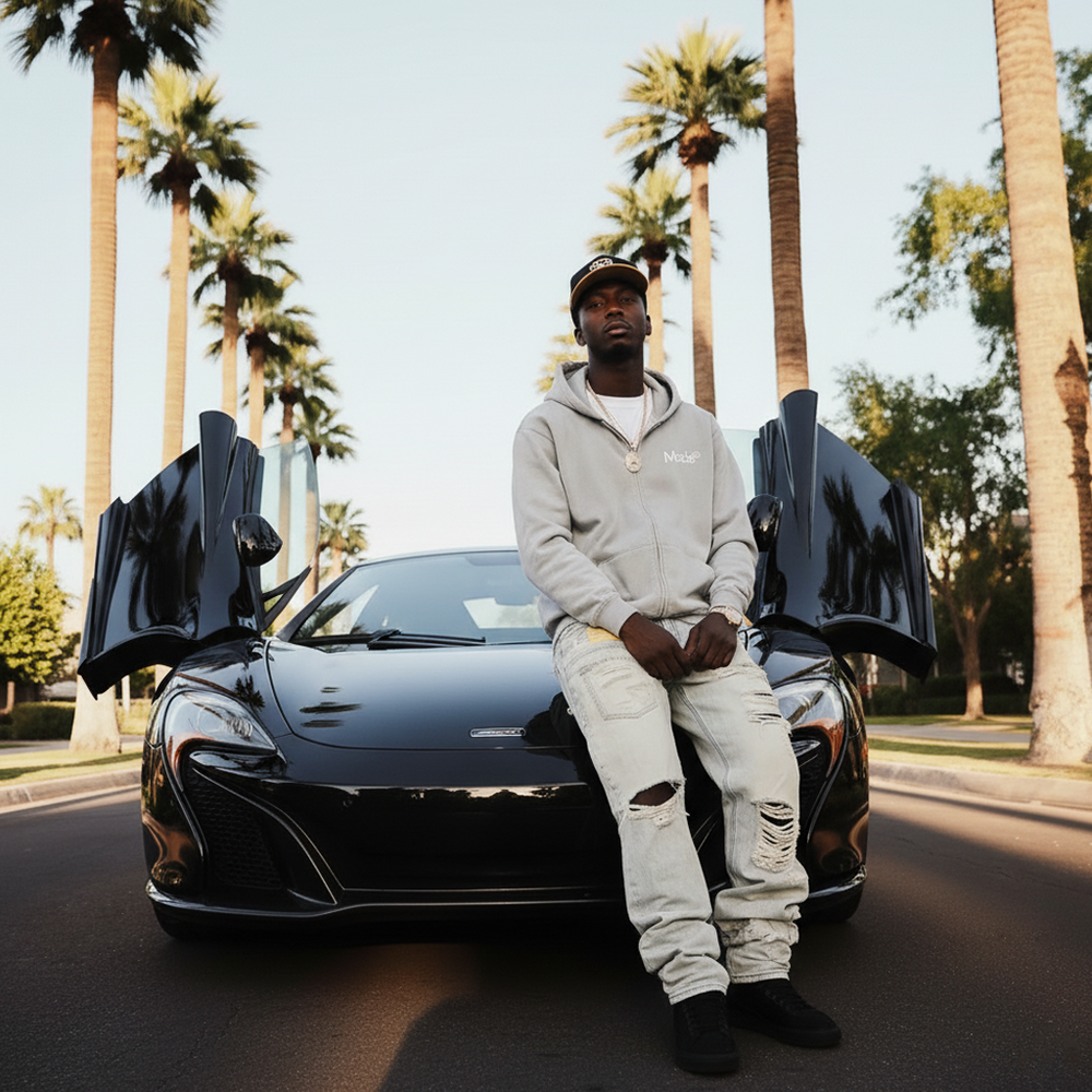 Model wearing a gray "Made®" zip-up hoodie. 