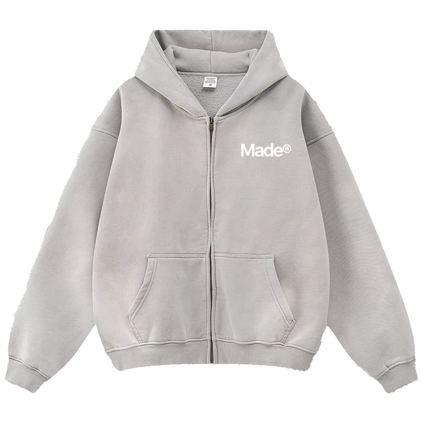 Gray hoodie with 'Made' logo on a white background
