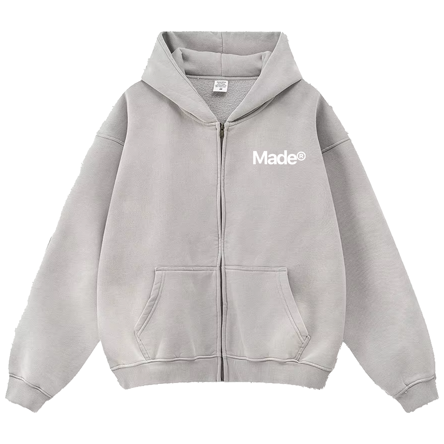 Gray hoodie with 'Made' logo on a white background