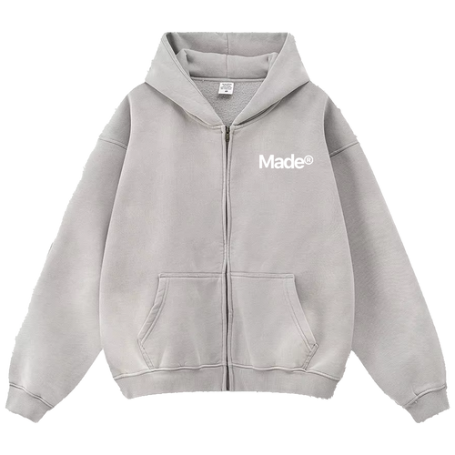 Gray hoodie with 'Made' logo on a white background
